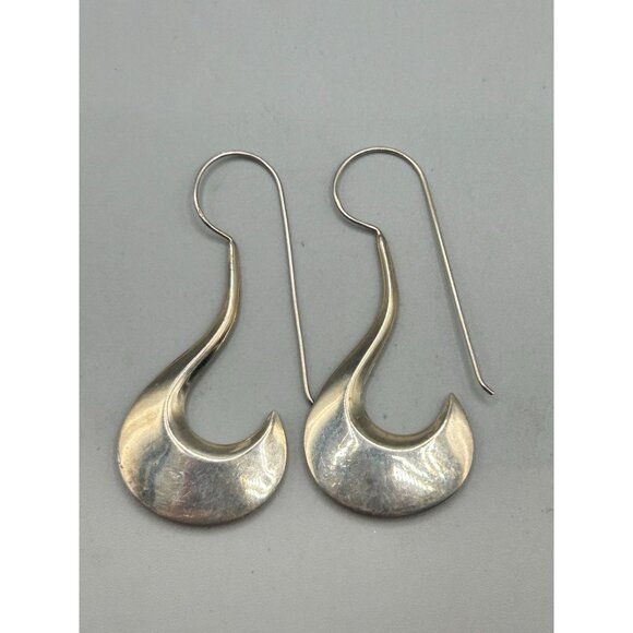 Sterling Silver Long Statement Earrings Pierced Long Dangle Hook Shaped - Picture 6 of 7